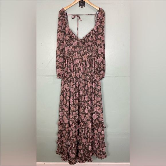 V Chapman Carmella Dress In Chocolate Peony Floral Maxi Gown‎ Corset Size 6 - Picture 2 of 7